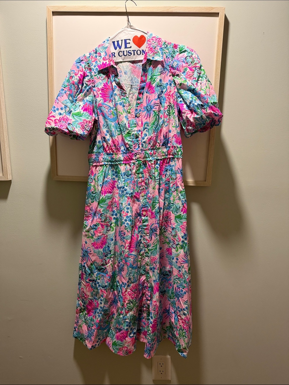 Lilly Pulitzer Pink, Green & Blue Floral Puff-Sleeve Midi Dress - Picture 3 of 4